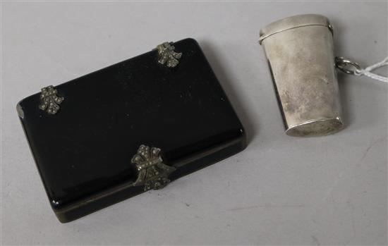 A 1920s silver, black enamel and marcasite set cigarette case and an earlier silver box.